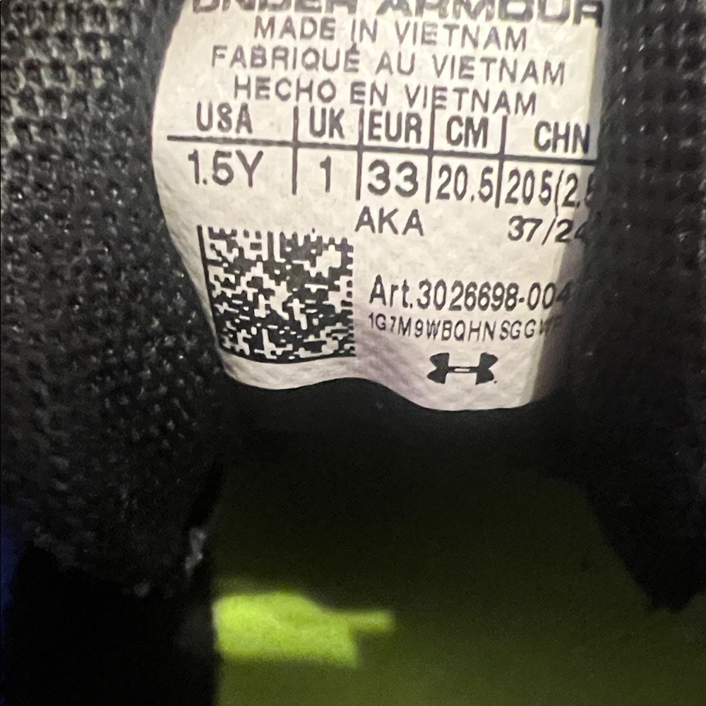 Under Armour Youth Black & Blue Sneakers with Neon Green Logo - Picture 7 of 17